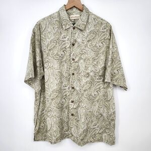 Caribbean‎ Mens Camp Shirt Size XL Green Paisley Silk Blend Vacation Resortwear